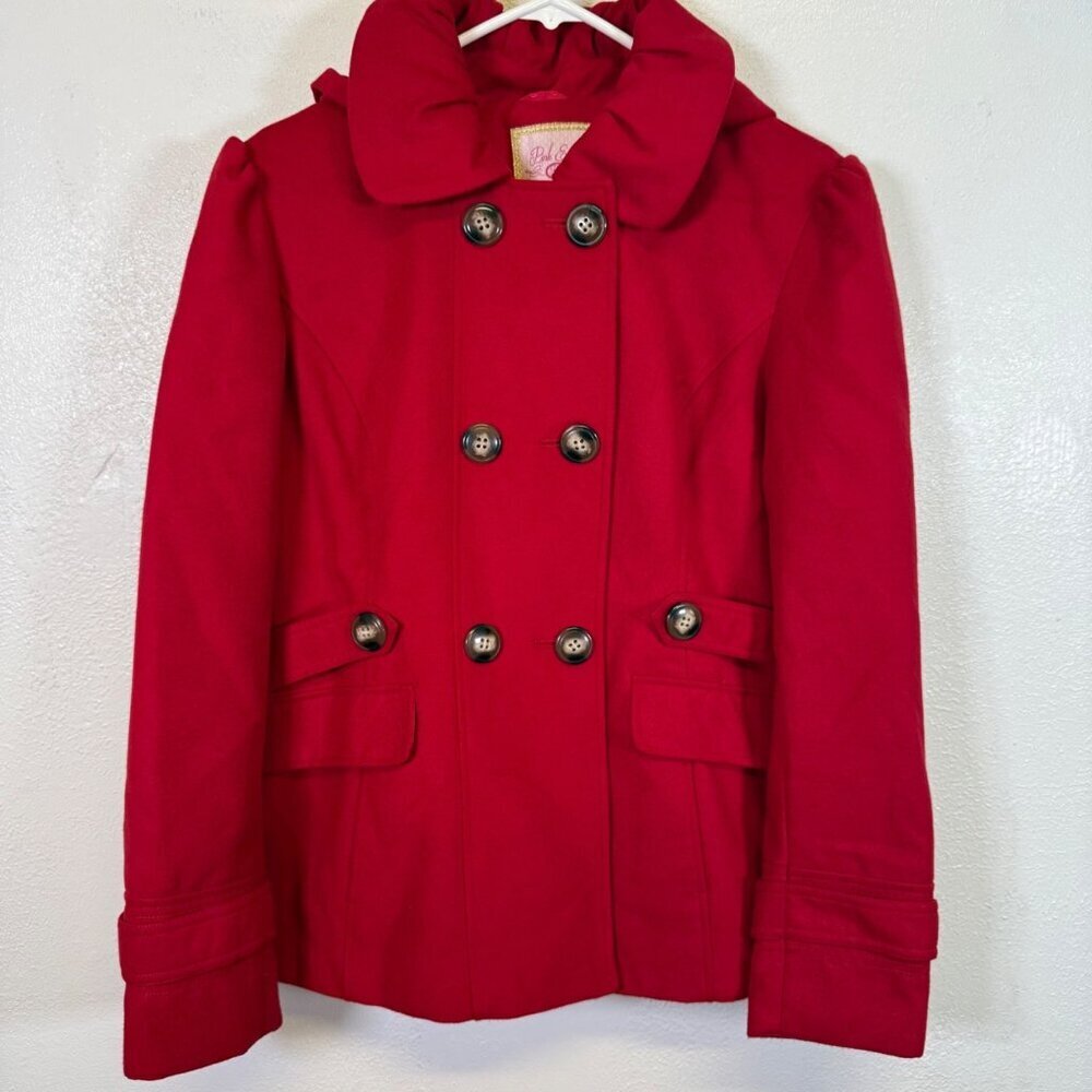 PINK ENVELOPE Womens Long Sleeve Button Front PeaCoat Jacket Red Hooded Winter